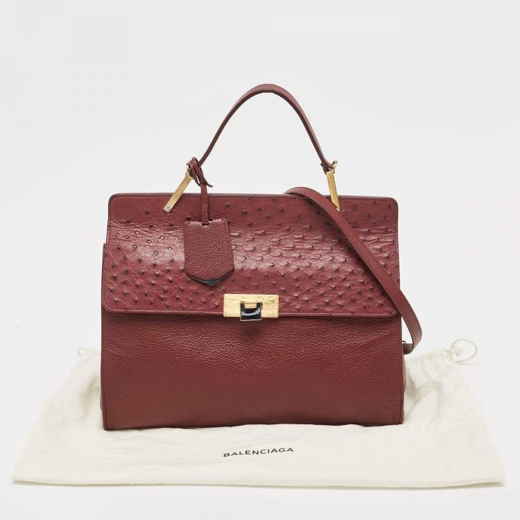 Pre Owned Balenciaga Burgundy Leather and Ostrich Le Dix Cartable Top Handle Bag