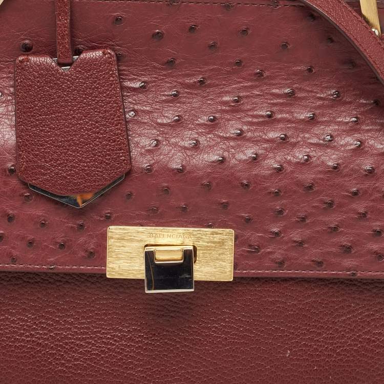 Pre Owned Balenciaga Burgundy Leather and Ostrich Le Dix Cartable Top Handle Bag