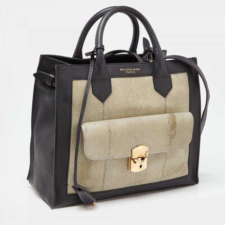 Pre Owned Balenciaga Black/Green Karung and Leather Padlock All Afternoon Tote