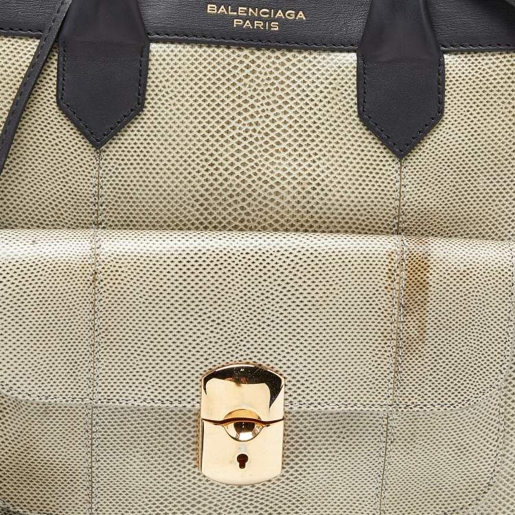 Pre Owned Balenciaga Black/Green Karung and Leather Padlock All Afternoon Tote