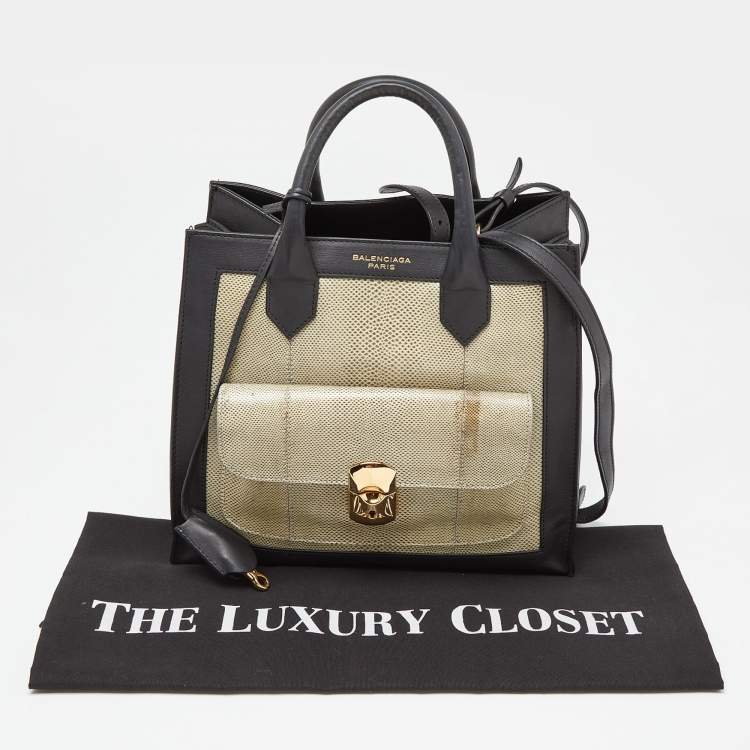 Pre Owned Balenciaga Black/Green Karung and Leather Padlock All Afternoon Tote