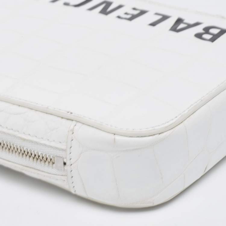 Pre Owned Balenciaga White Croc Embossed Leather Cash Phone Holder Bag