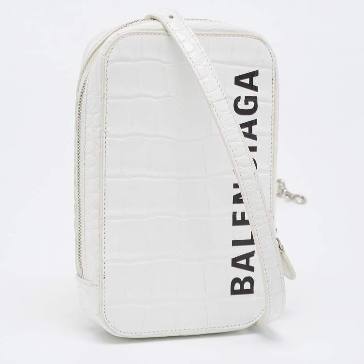 Pre Owned Balenciaga White Croc Embossed Leather Cash Phone Holder Bag