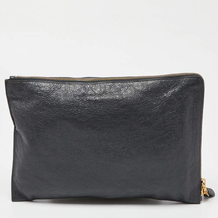 Pre Owned Balenciaga Grey Leather Classic Hardware Zip Pouch