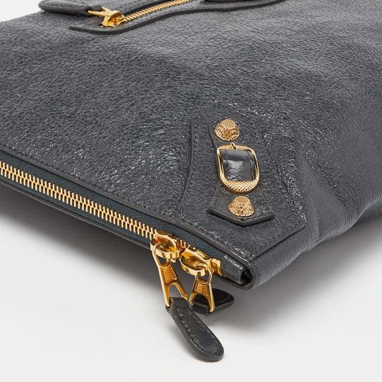 Pre Owned Balenciaga Grey Leather Classic Hardware Zip Pouch