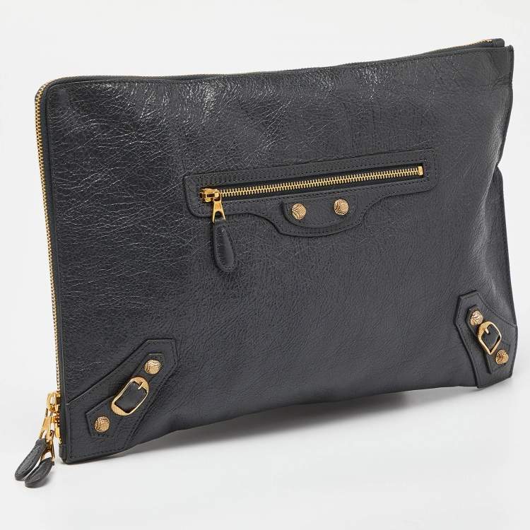 Pre Owned Balenciaga Grey Leather Classic Hardware Zip Pouch