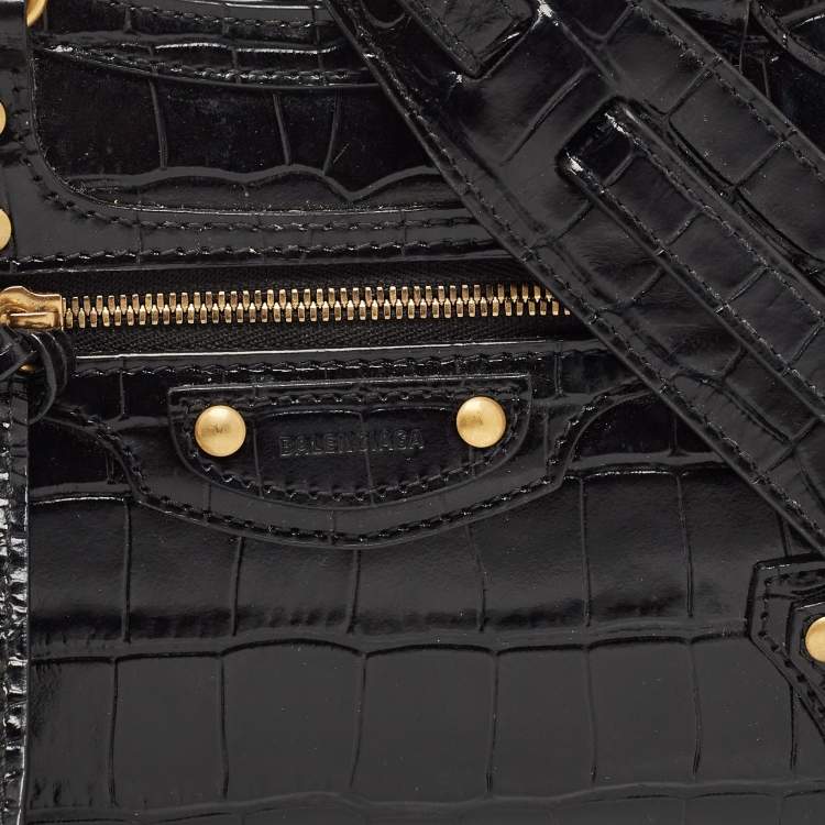 Pre Owned Balenciaga Black Croc Embossed Leather Mini Neo Classic Bag