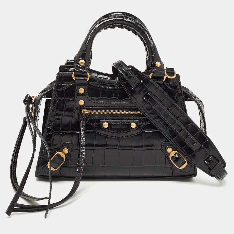 Pre Owned Balenciaga Black Croc Embossed Leather Mini Neo Classic Bag