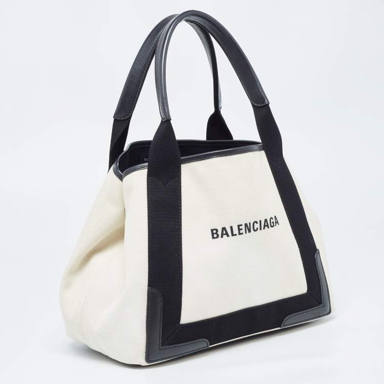 Pre Owned Balenciaga Black/Off White Canvas and Leather Small Cabas Tote