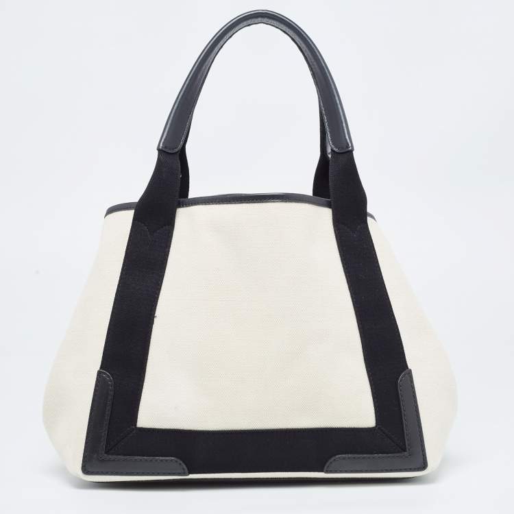 Pre Owned Balenciaga Black/Off White Canvas and Leather Small Cabas Tote