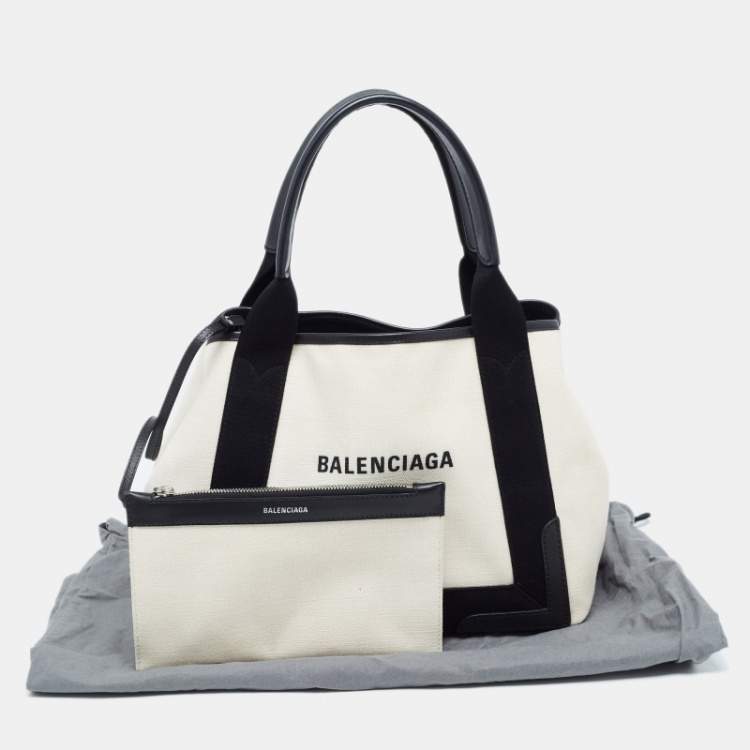 Pre Owned Balenciaga Black/Off White Canvas and Leather Small Cabas Tote