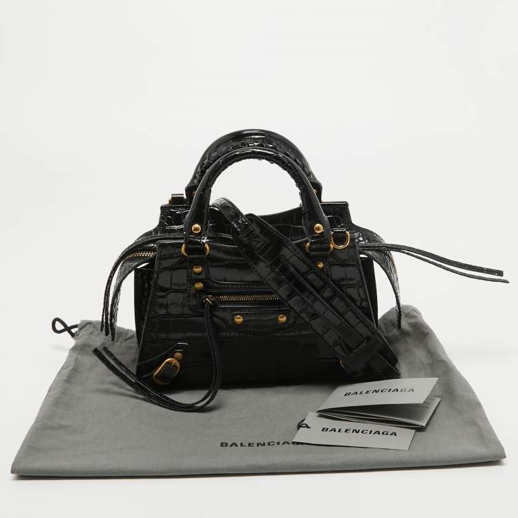 Pre Owned Balenciaga Black Croc Embossed Leather Mini Neo Classic Bag