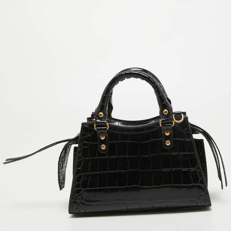 Pre Owned Balenciaga Black Croc Embossed Leather Mini Neo Classic Bag