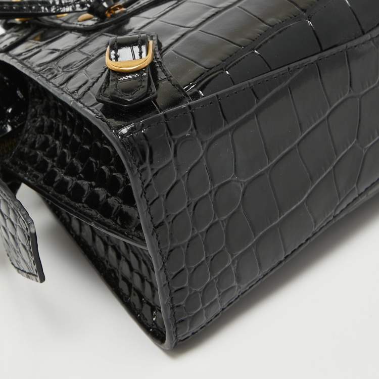 Pre Owned Balenciaga Black Croc Embossed Leather Mini Neo Classic Bag