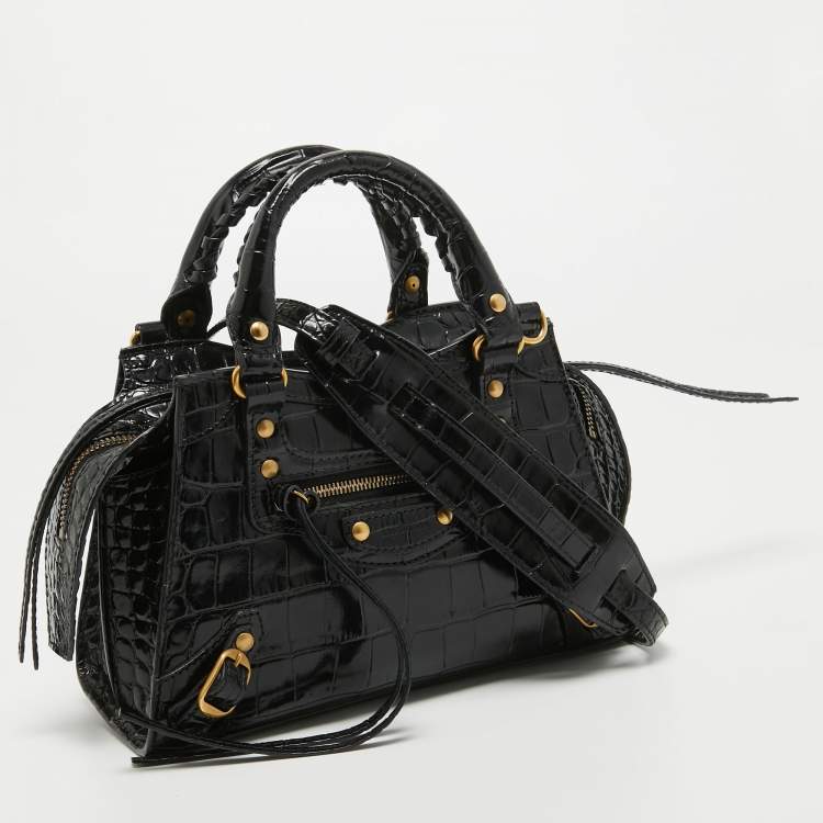 Pre Owned Balenciaga Black Croc Embossed Leather Mini Neo Classic Bag