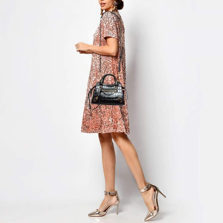 Pre Owned Balenciaga Black Croc Embossed Leather Mini Neo Classic Bag