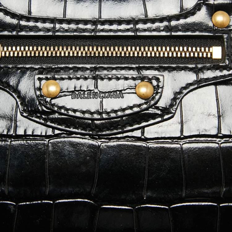 Pre Owned Balenciaga Black Croc Embossed Leather Mini Neo Classic Bag