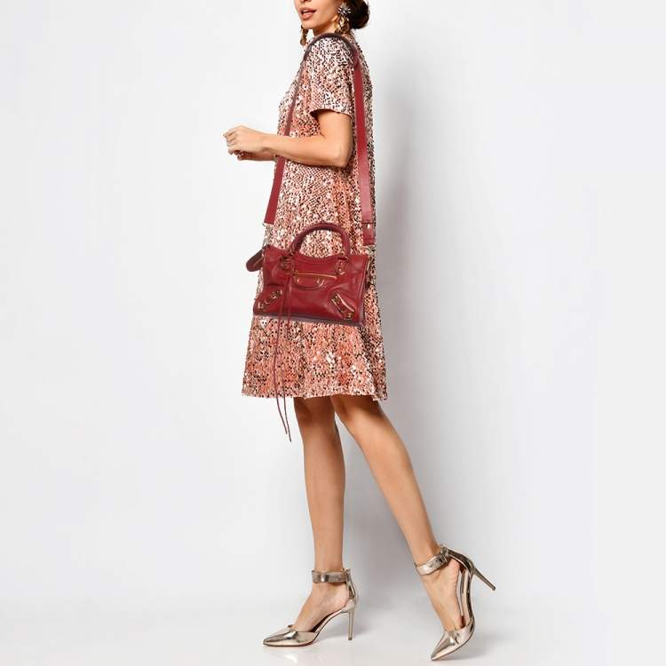 Pre Owned Balenciaga Red Leather Mini Classic Metallic Edge City Bag