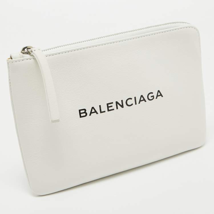 Pre Owned Balenciaga White Leather Zip Pouch