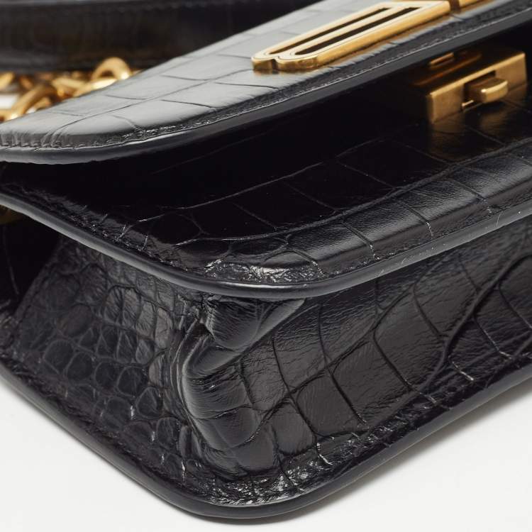 Pre Owned Balenciaga Black Croc Embossed Leather Gossip Wallet On Chain