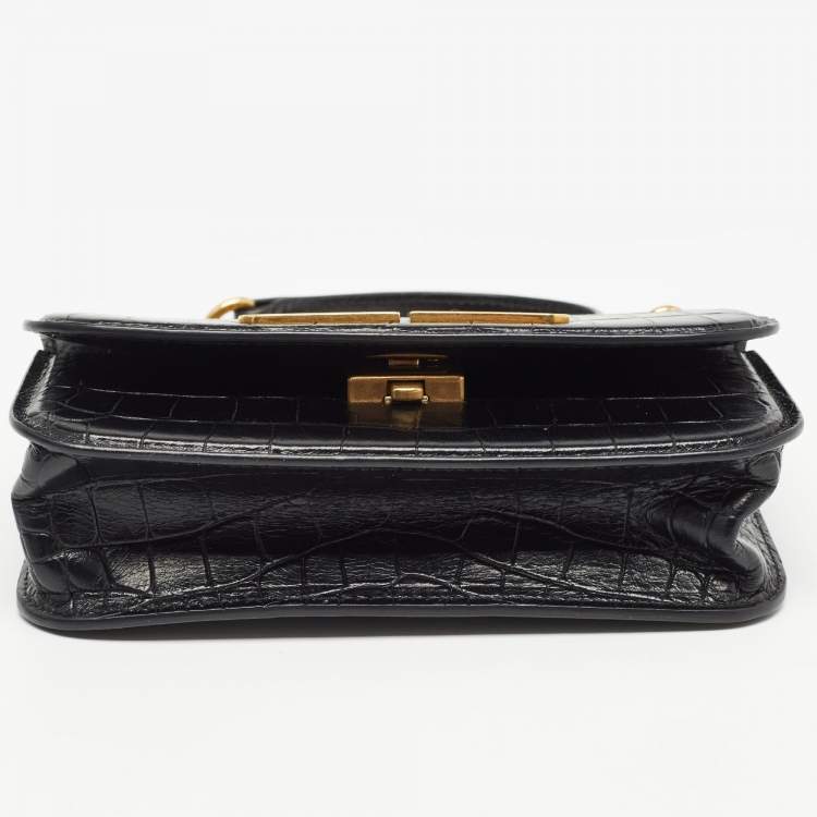 Pre Owned Balenciaga Black Croc Embossed Leather Gossip Wallet On Chain