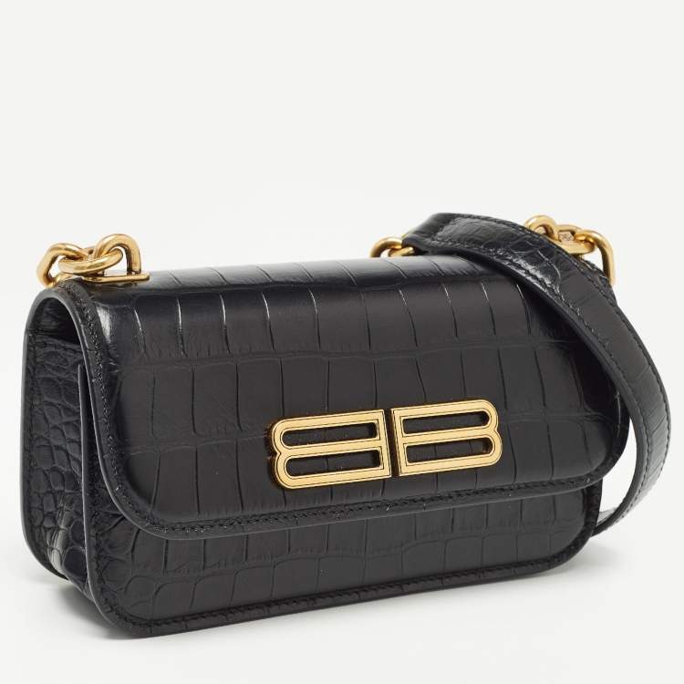 Pre Owned Balenciaga Black Croc Embossed Leather Gossip Wallet On Chain