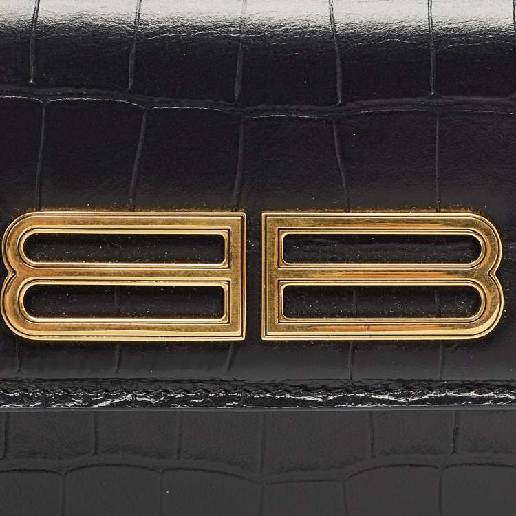 Pre Owned Balenciaga Black Croc Embossed Leather Gossip Wallet On Chain