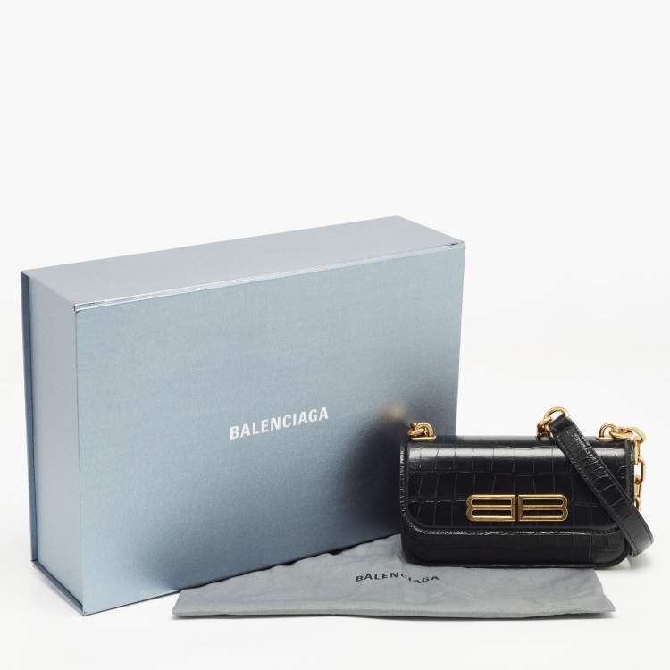 Pre Owned Balenciaga Black Croc Embossed Leather Gossip Wallet On Chain