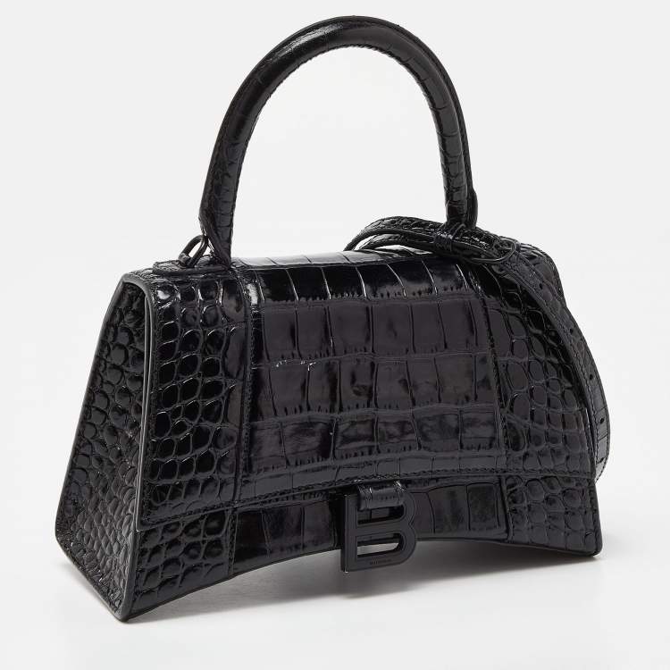 Pre Owned Balenciaga Black Croc Embossed Leather Small Hourglass Top Handle Bag