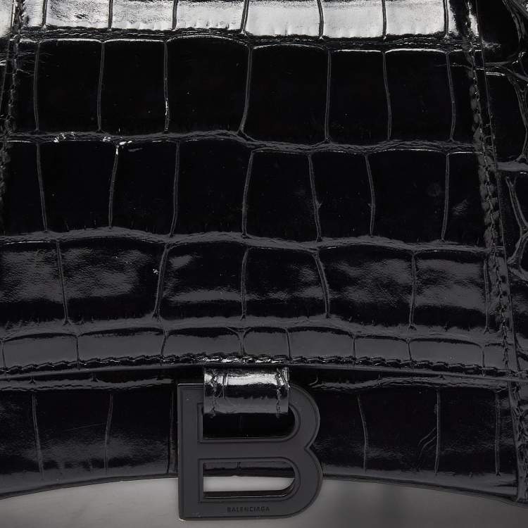 Pre Owned Balenciaga Black Croc Embossed Leather Small Hourglass Top Handle Bag