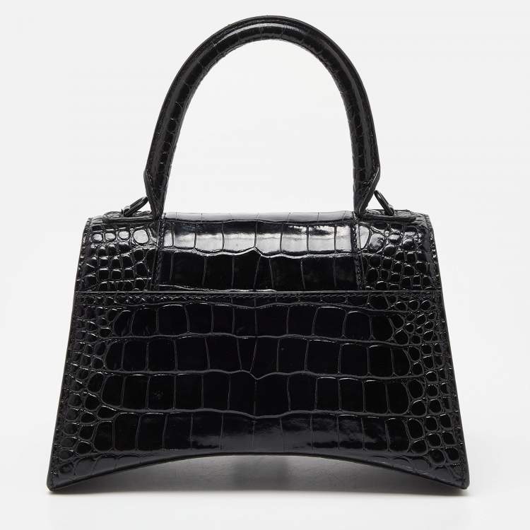 Pre Owned Balenciaga Black Croc Embossed Leather Small Hourglass Top Handle Bag