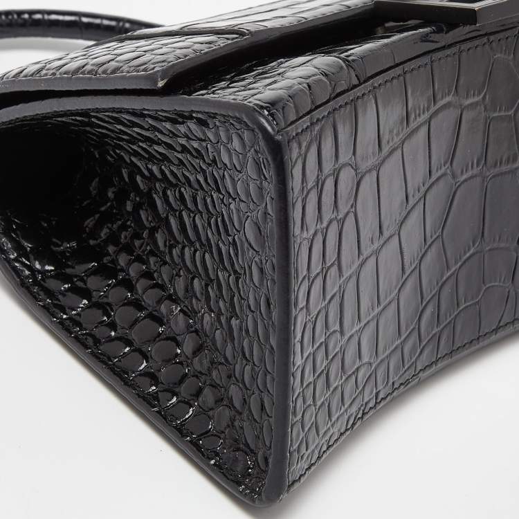 Pre Owned Balenciaga Black Croc Embossed Leather Small Hourglass Top Handle Bag