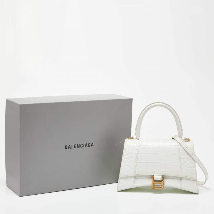 Pre Owned Balenciaga White Croc Embossed Leather Small Hourglass Top Handle Bag