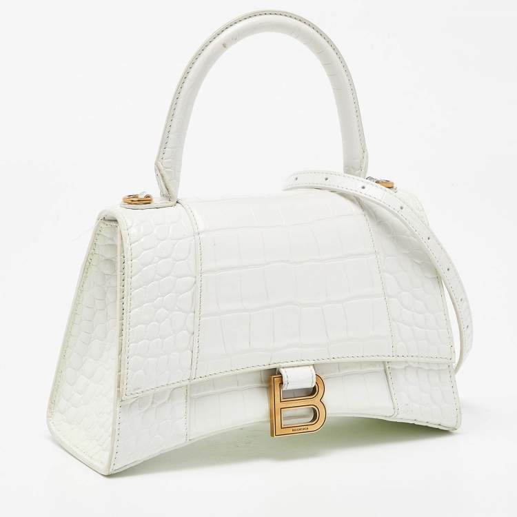 Pre Owned Balenciaga White Croc Embossed Leather Small Hourglass Top Handle Bag