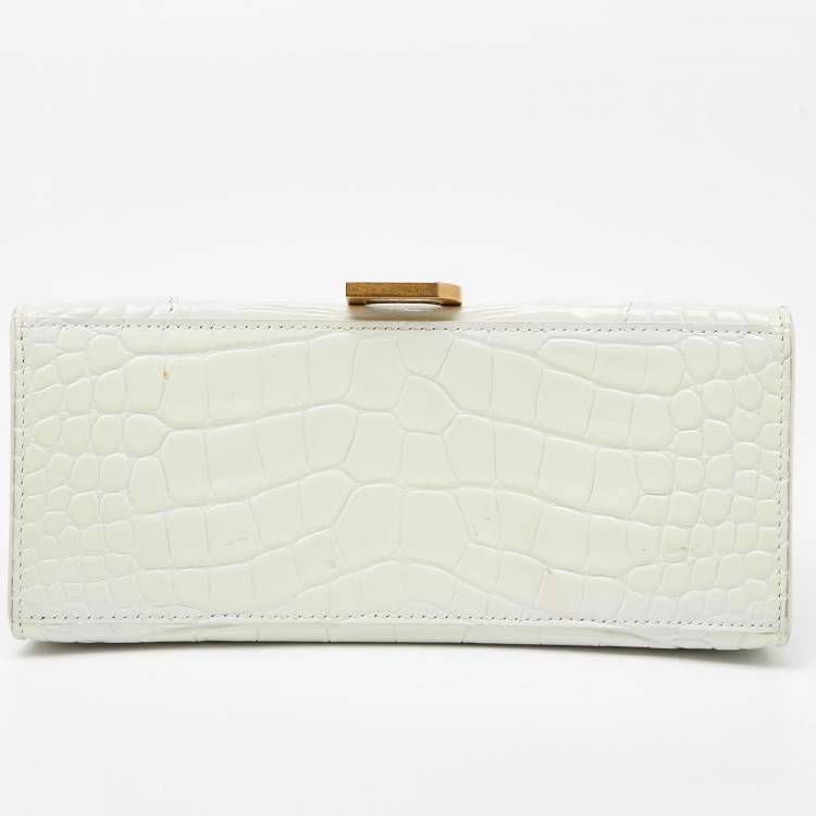 Pre Owned Balenciaga White Croc Embossed Leather Small Hourglass Top Handle Bag