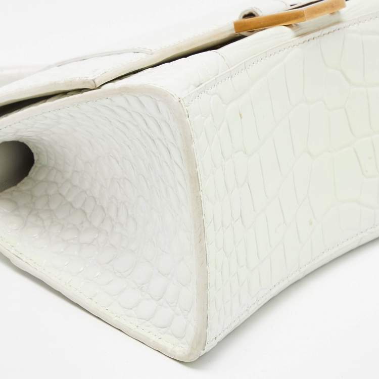 Pre Owned Balenciaga White Croc Embossed Leather Small Hourglass Top Handle Bag