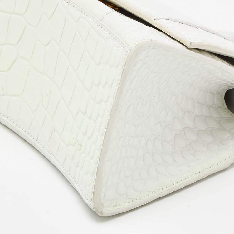 Pre Owned Balenciaga White Croc Embossed Leather Small Hourglass Top Handle Bag