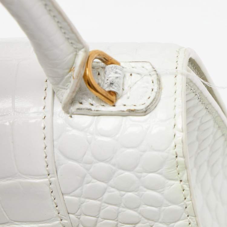 Pre Owned Balenciaga White Croc Embossed Leather Small Hourglass Top Handle Bag