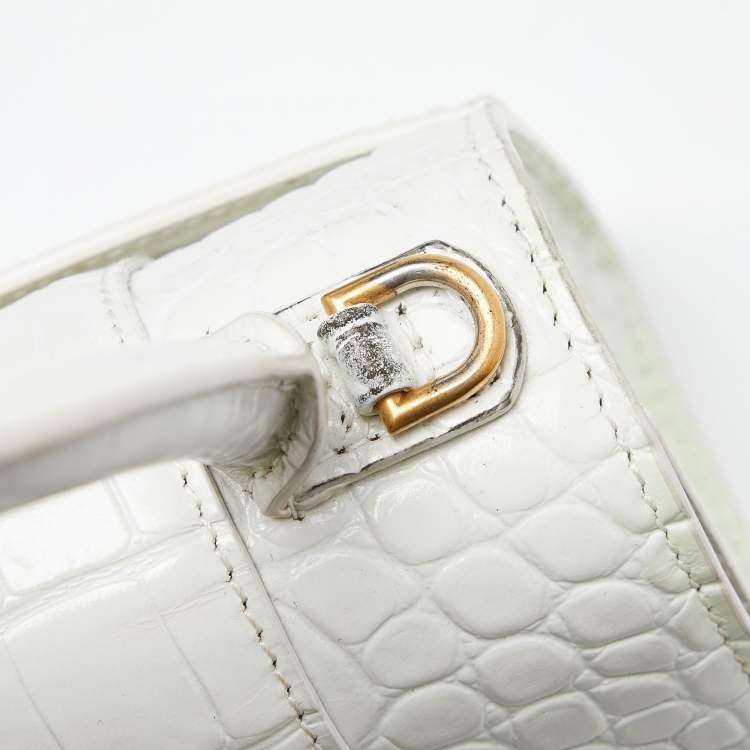 Pre Owned Balenciaga White Croc Embossed Leather Small Hourglass Top Handle Bag