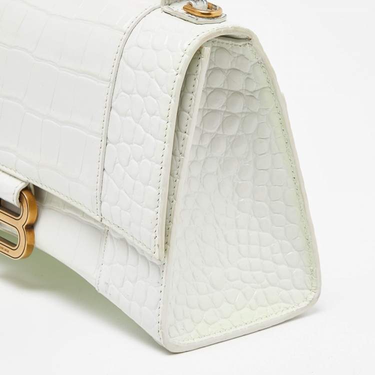 Pre Owned Balenciaga White Croc Embossed Leather Small Hourglass Top Handle Bag