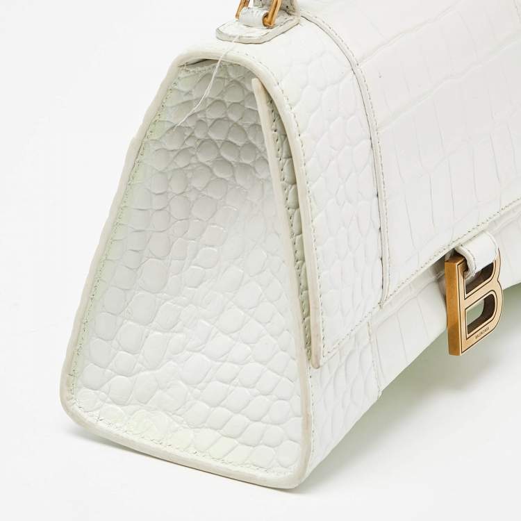 Pre Owned Balenciaga White Croc Embossed Leather Small Hourglass Top Handle Bag
