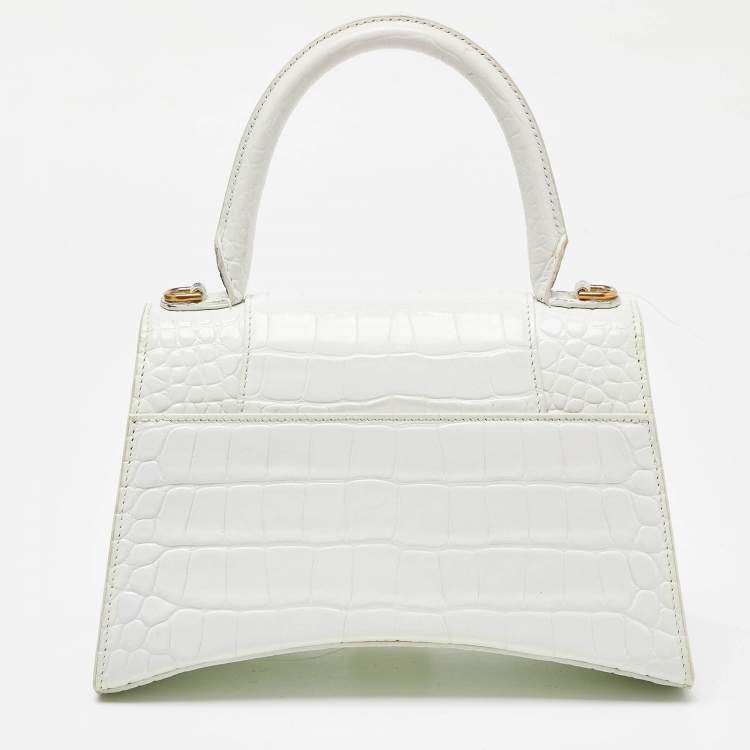 Pre Owned Balenciaga White Croc Embossed Leather Small Hourglass Top Handle Bag