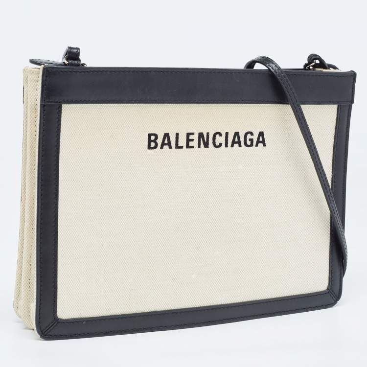 Pre Owned Balenciaga Black/Off-White Canvas and Leather Navy Pochette Crossbody Bag