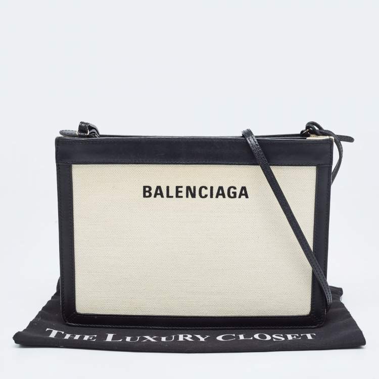 Pre Owned Balenciaga Black/Off-White Canvas and Leather Navy Pochette Crossbody Bag