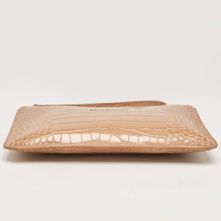 Pre Owned Balenciaga Beige Croc Embossed Leather Wristlet Pouch