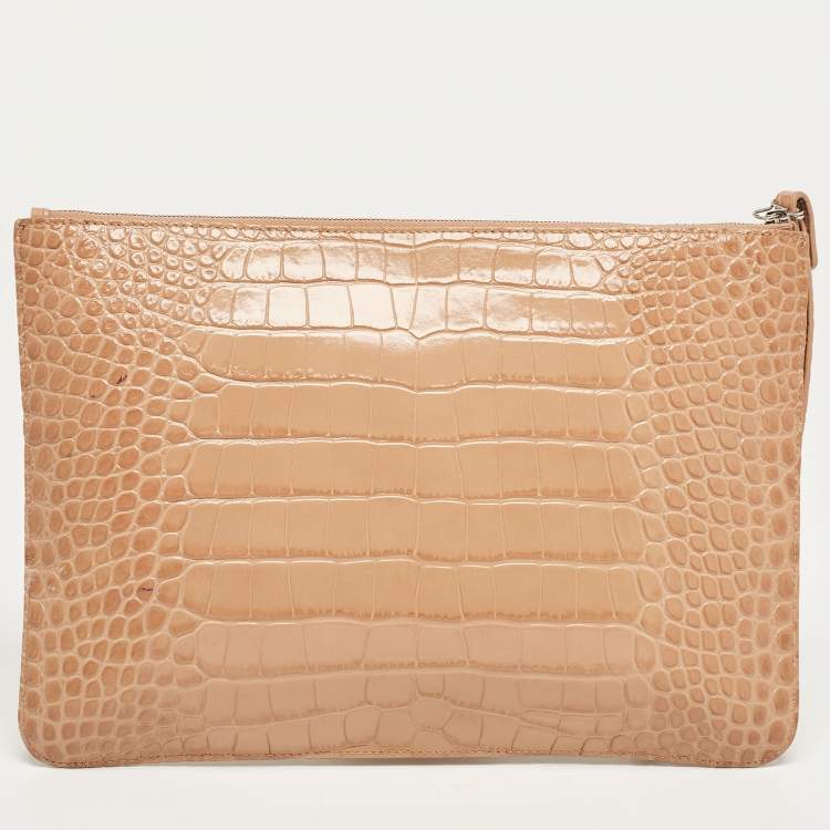 Pre Owned Balenciaga Beige Croc Embossed Leather Wristlet Pouch