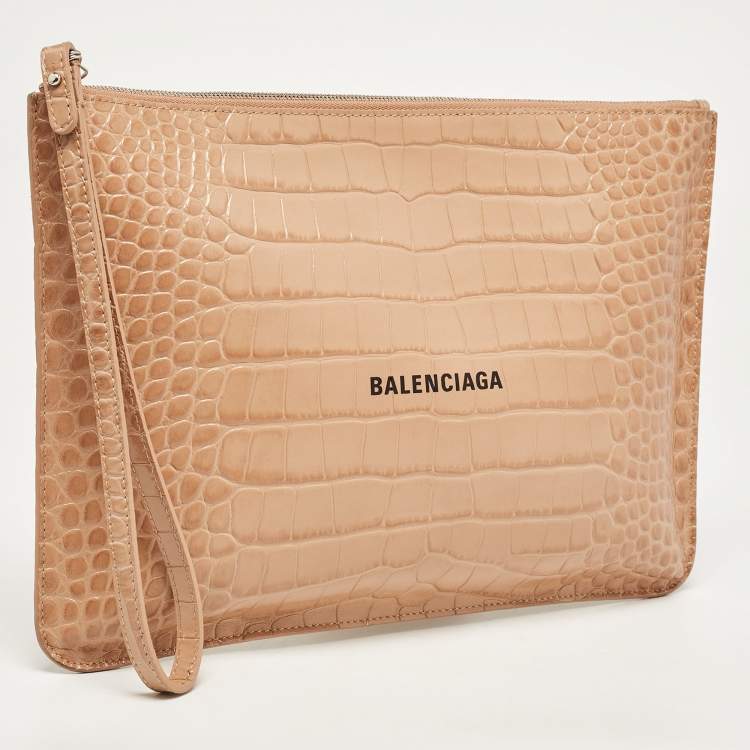 Pre Owned Balenciaga Beige Croc Embossed Leather Wristlet Pouch