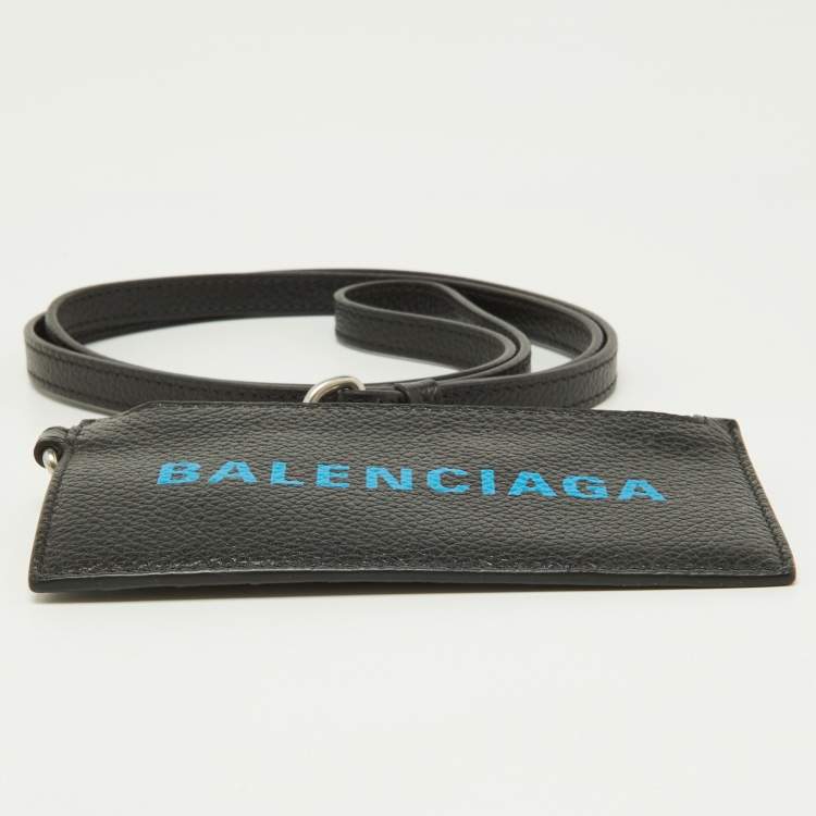 Pre Owned Balenciaga Black/Blue Leather Zip Card Holder with Strap