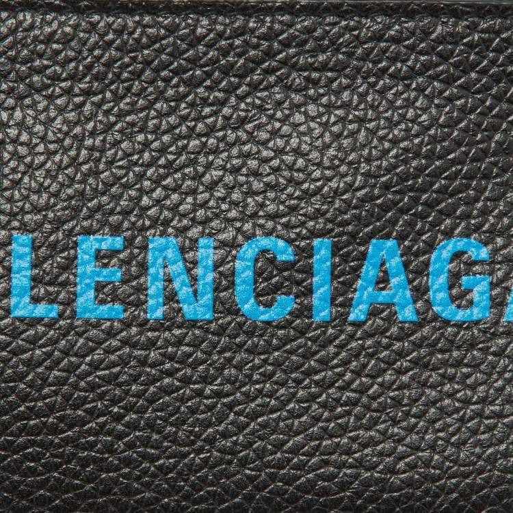 Pre Owned Balenciaga Black/Blue Leather Zip Card Holder with Strap