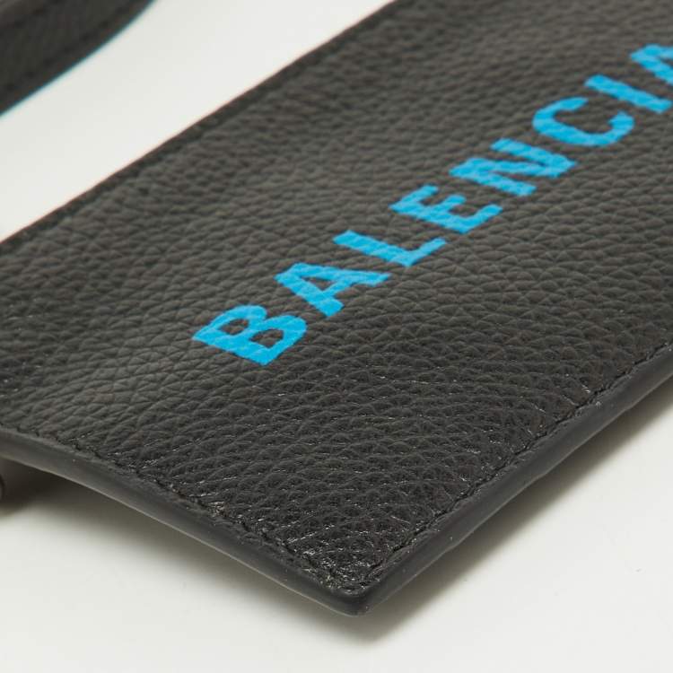 Pre Owned Balenciaga Black/Blue Leather Zip Card Holder with Strap